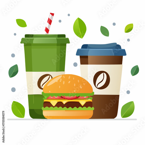 Classic fast food lunch meal with a cheeseburger, coffee to go, and a refreshing cold drink, surrounded by fresh green leaves vector illustration