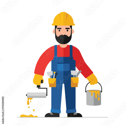 Modern vector illustration of a professional painter wearing a hard hat, overalls, gloves, holding a paint roller and can with yellow paint for renovation