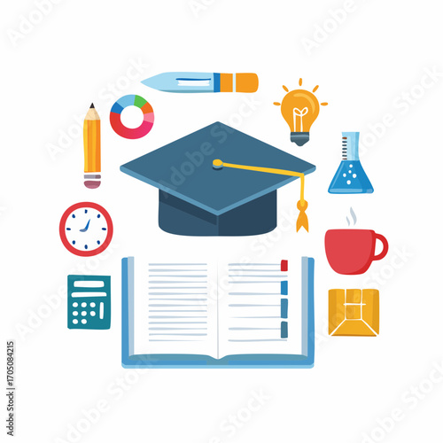 Creative collage of academic symbols representing the process of learning, from initial study to final graduation