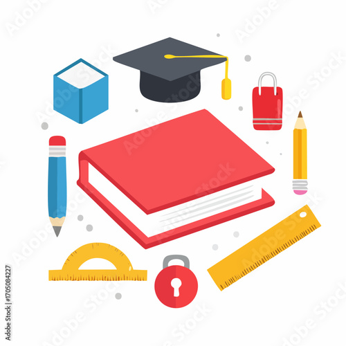 Conceptual illustration of education and academic achievement featuring a central book, graduation cap, and school supplies