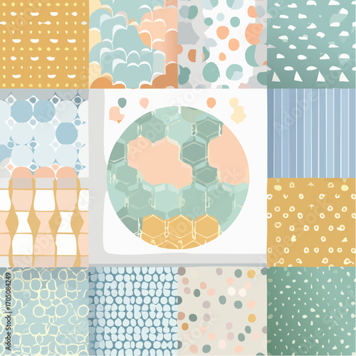 A harmonious world of design featuring a curated collection of twelve modern seamless patterns in a soft, elegant pastel color palette