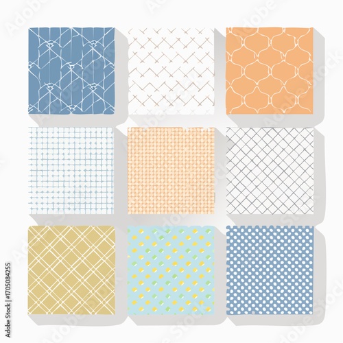 Collection of nine minimalist geometric seamless patterns with hand-drawn textures and pastel colors