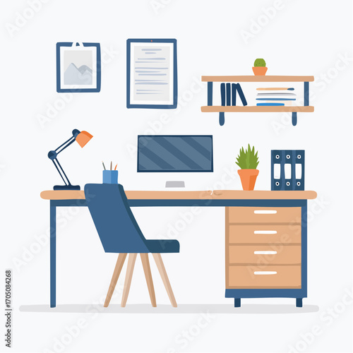 A flat vector illustration of a modern office interior and creative workspace. Concept of an organized desk for business productivity and remote work