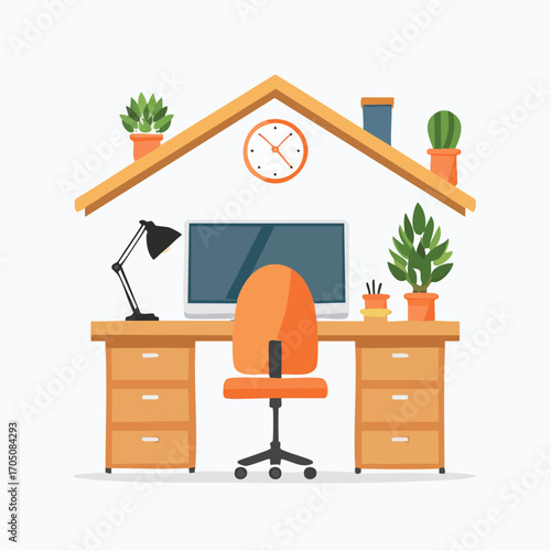 Work from home concept with a comfortable and modern workplace setup. Flat design vector illustration of a home office interior