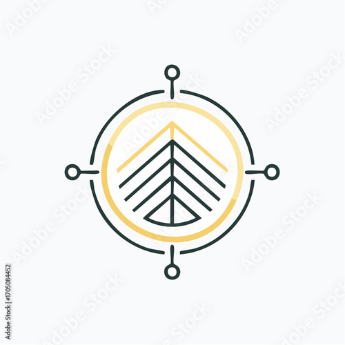 Abstract geometric tree logo inside a golden compass circle, a symbol for adventure, forestry, investment, and guidance