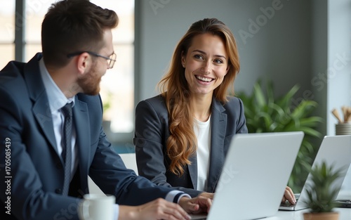 Happy busy female manager explaining corporate software work talking to young male employee consulting client working on computer using laptop discussing business project plan at office meeting.