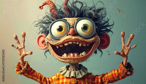 Scary monster character with big eyes and wide grin cartoon illustration