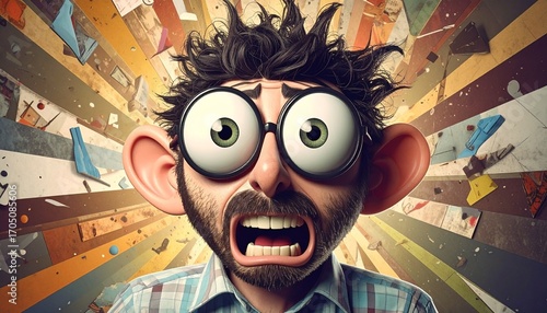 Crazy man with big glasses screaming amid explosive colorful background