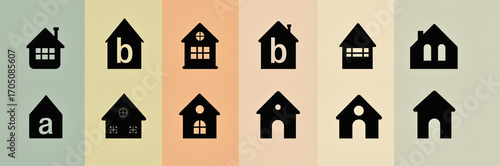Flat House and Letter Icons Set – Minimal Home Silhouettes on Pastel Backgrounds