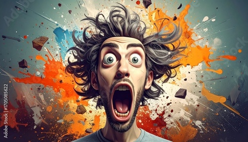 Crazy man screaming with explosive colorful paint splash background