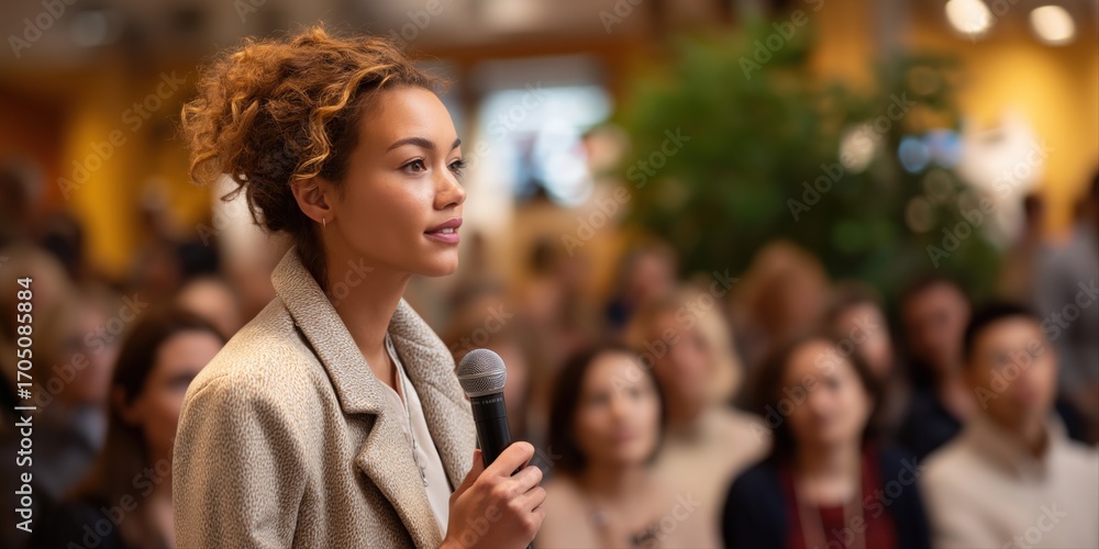 Naklejka premium Confident young african female speaker presenting to audience in conference setting