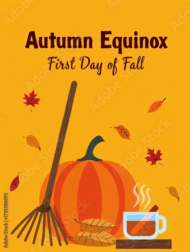 Autumn equinox first day of fall pumpkin rake and hot drink