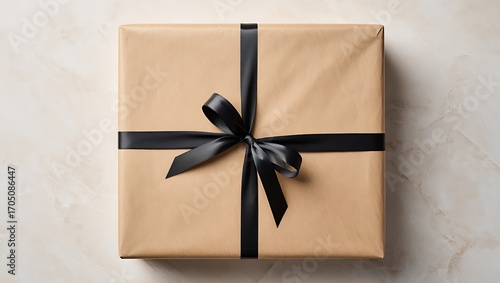 Minimalist Gift Box Wrapped in Beige Paper with Black Satin Ribbon – Neutral Textured Background, Soft Shadows, Top-Down View, Clean Modern Aesthetic, High Resolution
