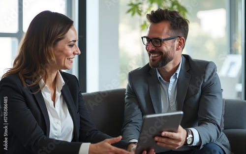 Two happy professional business colleagues working using digital tablet and talking sitting in office on sofa. Smiling mature executives having conversation, manager and client at corporate meeting.