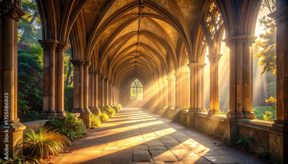 Obraz premium A sunlit colonnade, bathed in golden light, leads through a historical architectural , showcasing intricate details and serene greenery.
