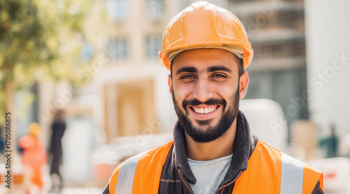 Lachender türkischer Bauarbeiter auf Baustelle in Deutschland
