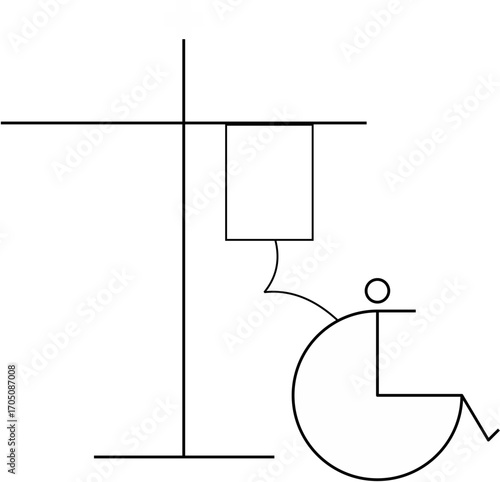 Minimalist line drawing of a person in a wheelchair interacting with an accessible service counter.