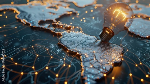 Digital Map of South America with Illuminated Network and Light Bulb Symbolizing Innovation