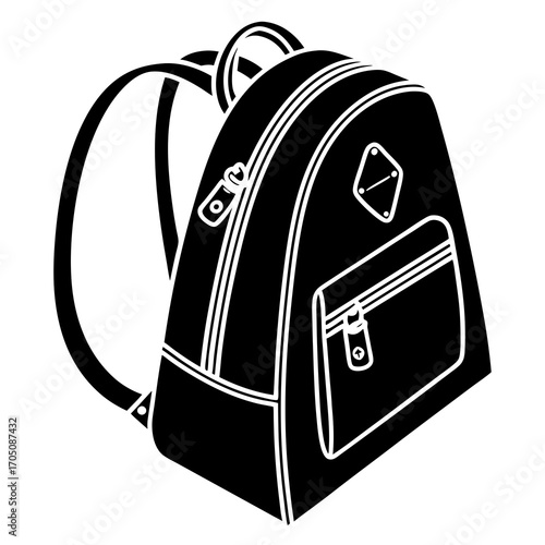 A simple black and white silhouette illustration of a modern backpack with two straps and multiple zippered compartments for carrying essentials