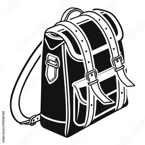 Classic black and white illustration of a vintage leather backpack with buckle straps and shoulder straps isolated on a white background