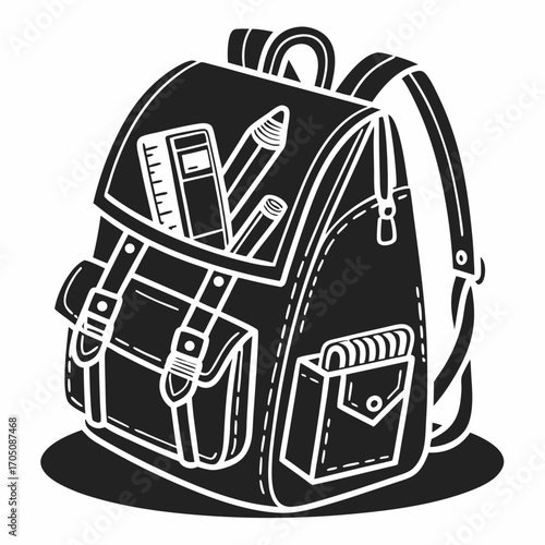 Stylized black and white illustration of a backpack filled with school supplies like pencils ruler and eraser on a white background