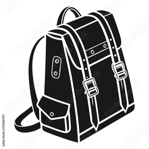 Classic black silhouette of a vintage leather backpack with buckles and straps perfect for travel school or outdoor adventures