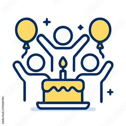 A vibrant celebratory teamwork icon showcasing happy people gathered around a festive birthday cake with balloons, symbolizing joy and shared moments