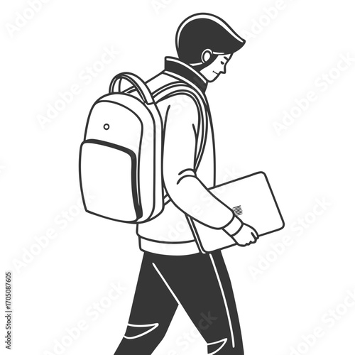 A young student with a backpack and a laptop walks with a determined stride embodying the spirit of education and modern learning