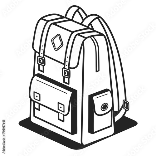 Stylized isometric line art illustration of a classic canvas backpack with buckles and pockets for outdoor adventures and travel