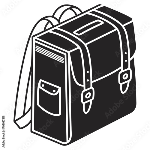 A classic black and white isometric illustration of a vintage leather satchel or school bag with buckles and straps