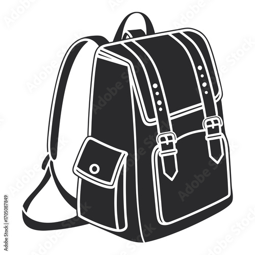 A detailed black and white illustration of a classic leather backpack with buckles and straps perfect for school or travel