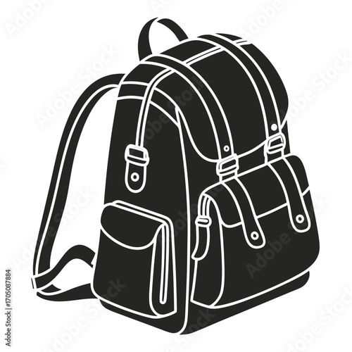 A classic black silhouette of a vintage leather backpack with multiple pockets and adjustable straps perfect for travel or school