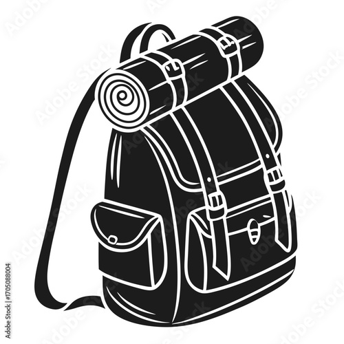 A black and white illustration of a camping backpack with a rolled up sleeping mat secured on top ready for adventure and outdoor exploration