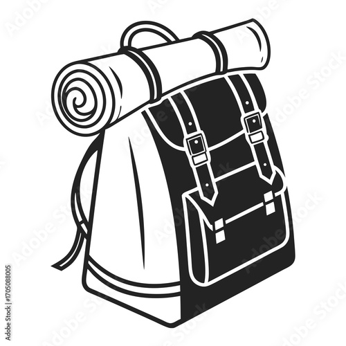 A classic black and white illustration of a hiking backpack with a rolled sleeping pad secured on top ready for adventure