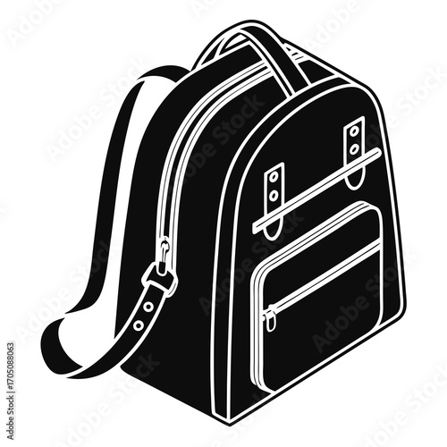 A black and white isometric illustration of a modern backpack with a top handle and adjustable shoulder strap featuring multiple zippered compartments and pockets for organized storage