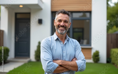 Smiling middle aged homeowner, happy mature older Latin man new property buyer modern villa owner or realtor salesman investor standing outside home posing outdoor near new house. Portrait.