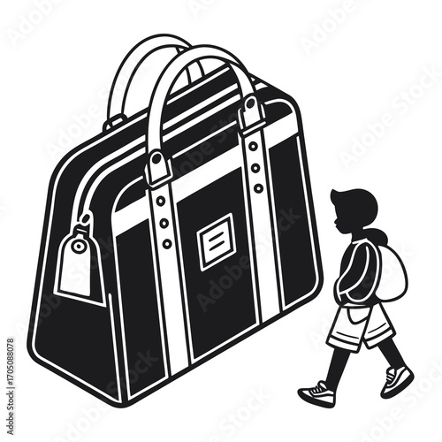 A small child with a backpack walks towards a very large duffel bag symbolizing the start of a journey or adventure