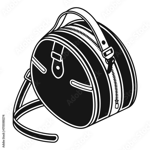A black and white illustration of a round vintage style duffel bag with a top handle and a long shoulder strap featuring a prominent zipper