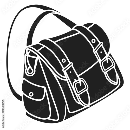 Classic black silhouette of a vintage satchel bag with buckles and straps perfect for school or travel isolated on white background
