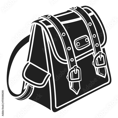 A classic black leather satchel bag with buckle straps and a shoulder strap rendered in a simple clean graphic illustration style