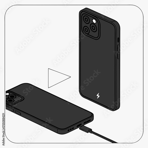 Modern black smartphone with a protective case being charged by a cable illustrating connectivity and power management for mobile devices