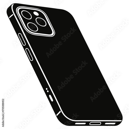 Sleek black smartphone with a prominent camera array and clean lines presented in a minimalist graphic style on a white background
