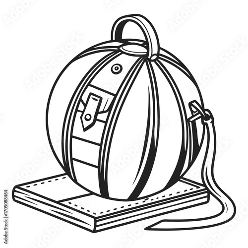 A stylized black and white illustration of a round duffel bag with a handle and strap resting on a book or notepad