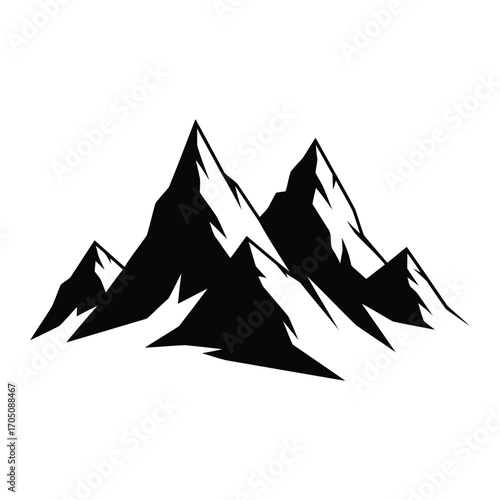 Vector illustration of black and white silhouette of jagged mountain peaks