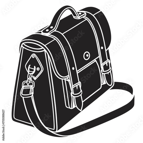 Classic black and white illustration of a vintage leather satchel bag with buckles and a shoulder strap ideal for school or travel