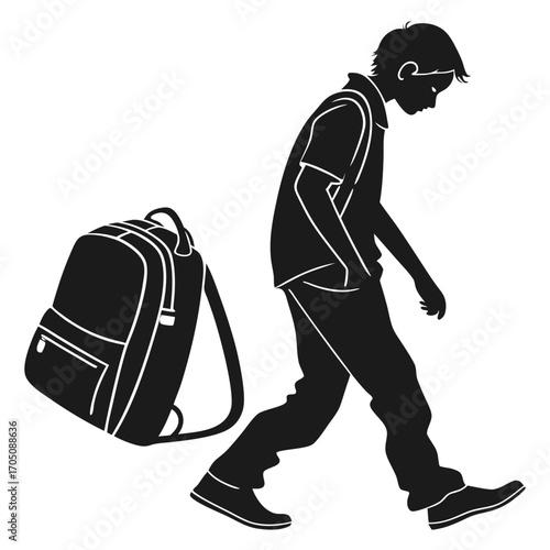 Silhouette of a young boy with a backpack walking with his head down representing sadness or a heavy burden