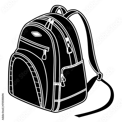 A black and white graphic illustration of a modern backpack with multiple zippered compartments and side pockets isolated on a white background