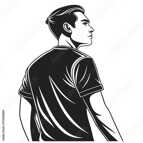 Stylized black and white illustration of a young man in a t shirt looking to the side with a determined expression