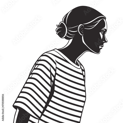 Stylized black and white silhouette of a young woman with her hair in a bun wearing a striped t shirt