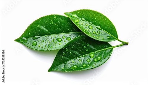 Three vibrant green tea leaves, adorned with glistening water droplets, are displayed against a pure white background.